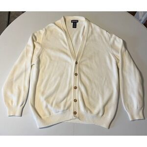 VTG USA Made Lands End Mens Cream Cotton V Neck Button Up Cardigan Sweater L